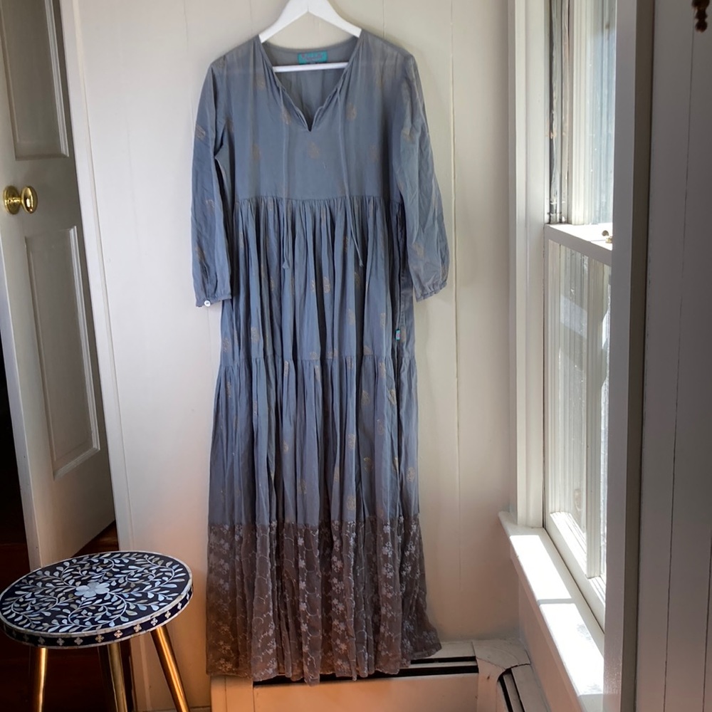 AUROBELLE IBIZA block print maxi dress with lace S/M new